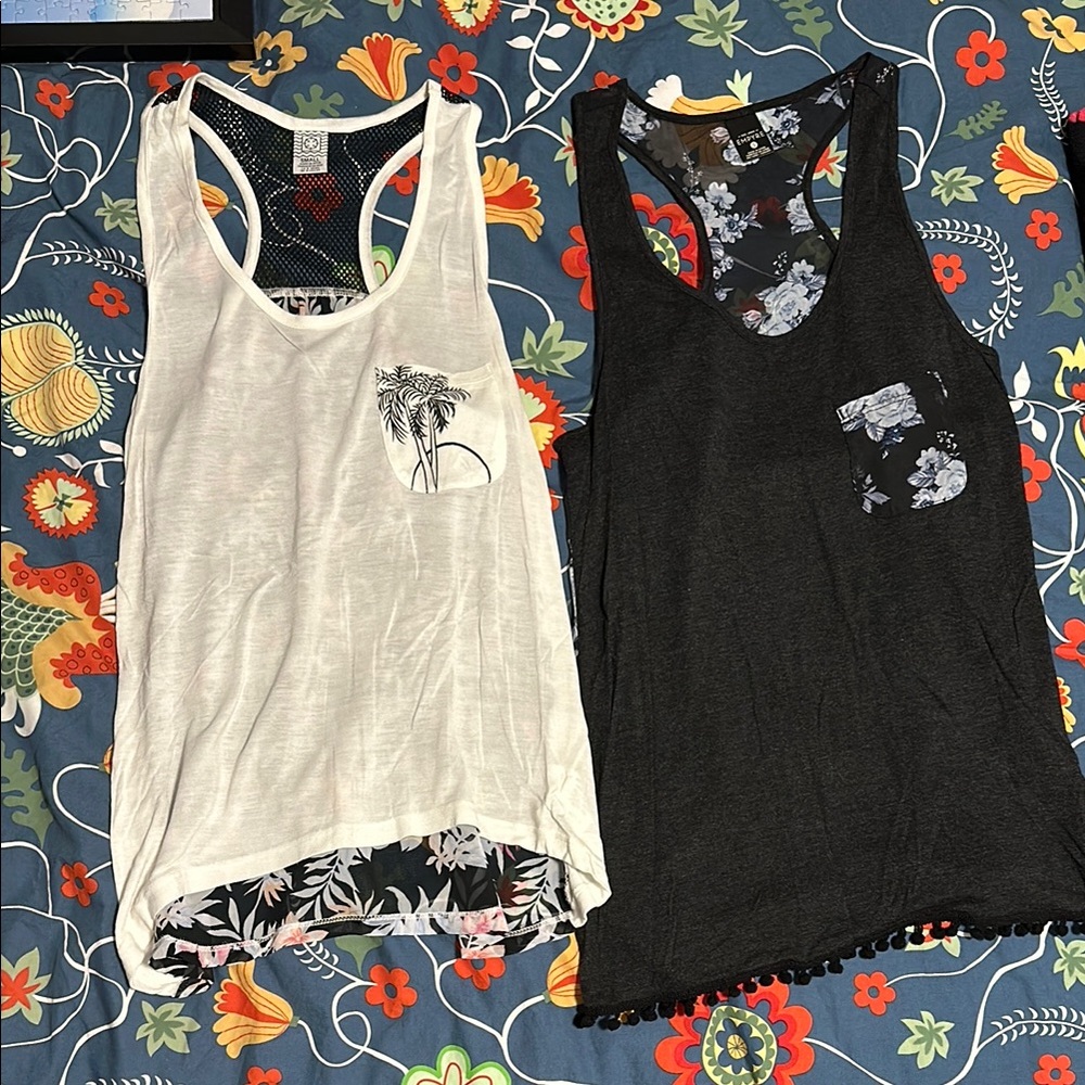 White and Black Tank Tops with Floral Accents